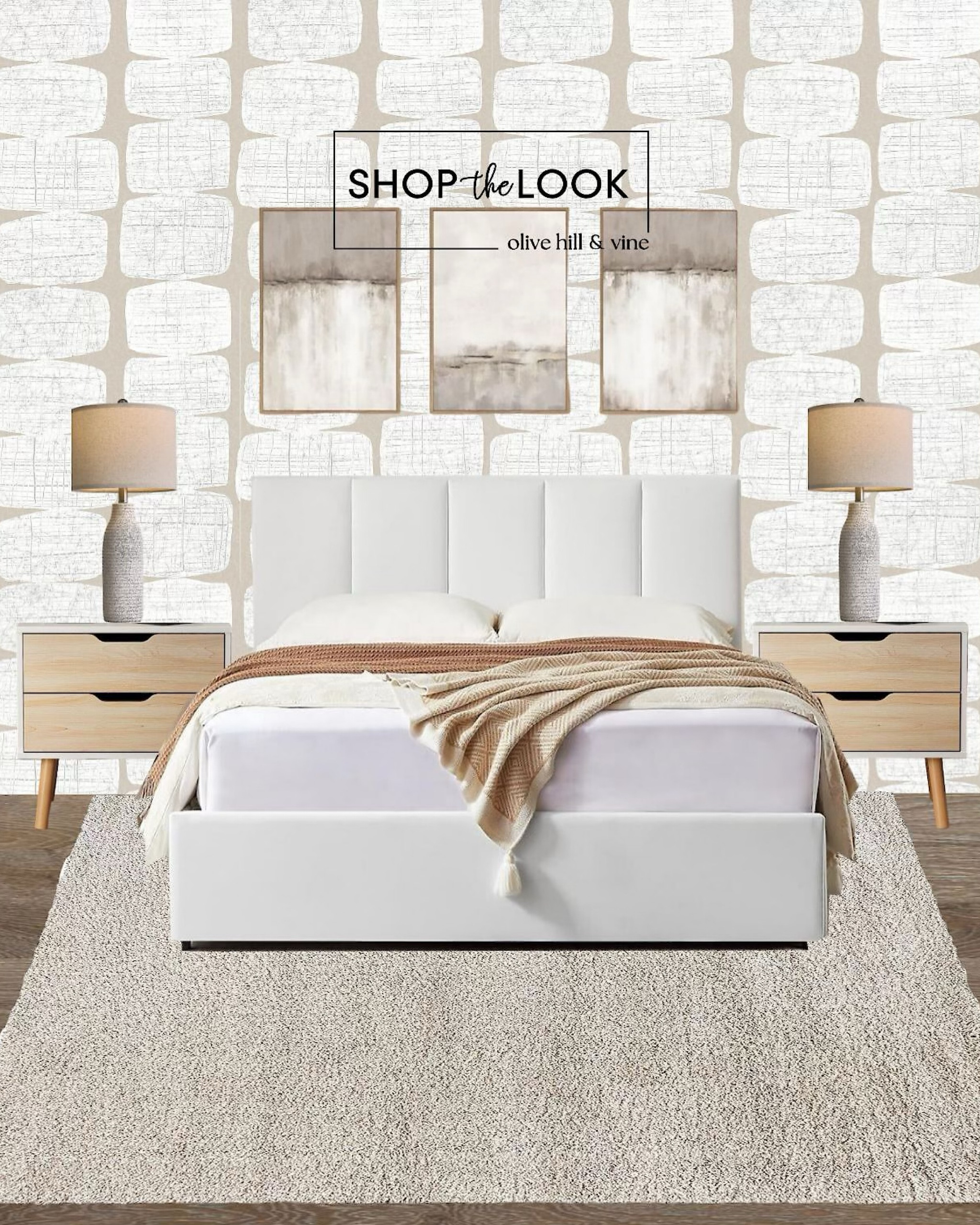 Step into serene sophistication with our neutral bedroom design. A beige and white mid-century wallpaper sets the tone, while an upholstered platform bed with 4 storage drawers brings modern function. Soft textures like a beige shag rug pair effortlessly with sleek nightstands, ceramic lamps, and art trio.

#LTKFamily #LTKStyleTip #LTKHome