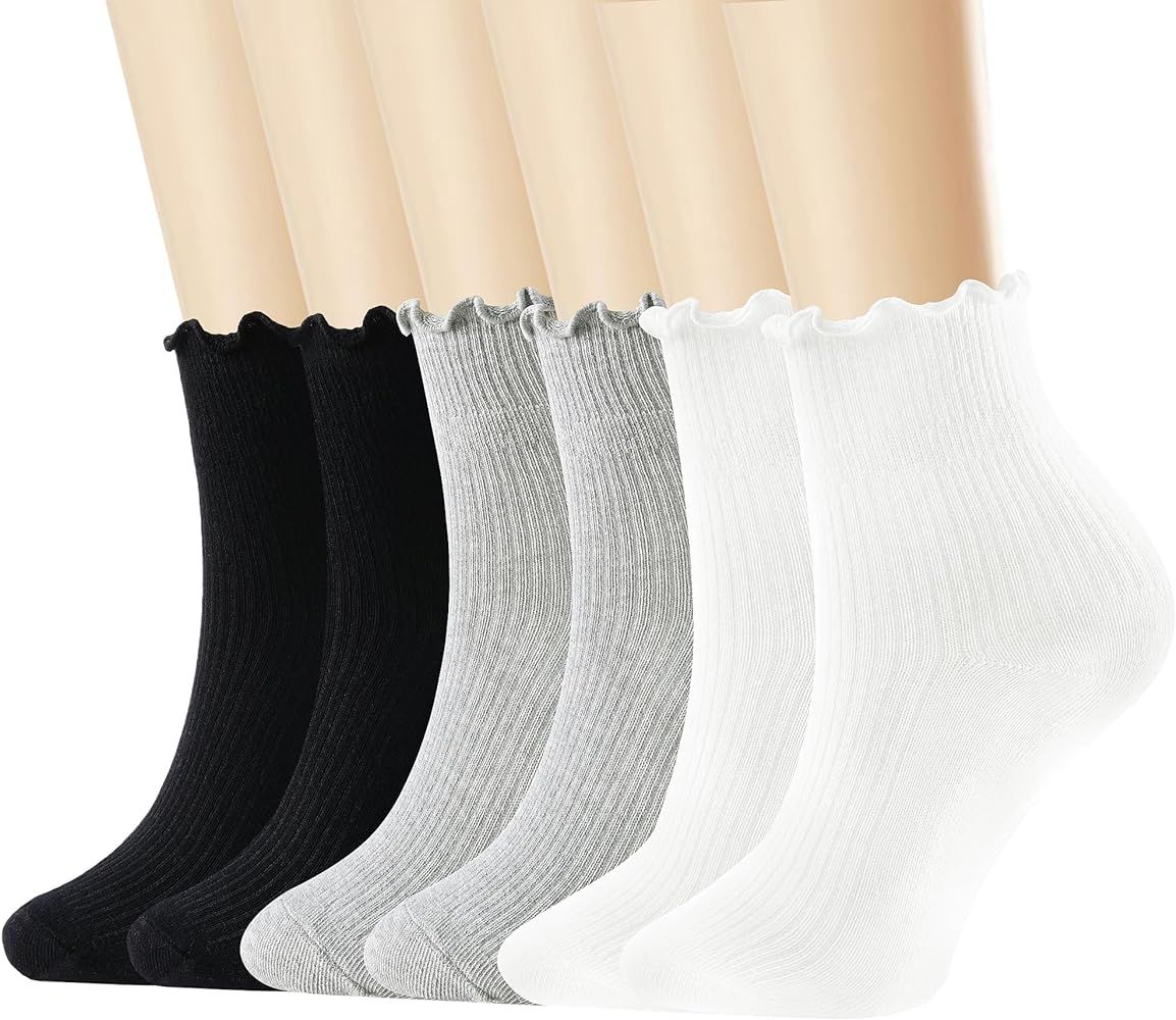 Women's Ruffled Socks,Cute Ankle Boot Frilly Socks Soft Knit Cotton Lettuce Trim Crew Socks for T... | Amazon (US)