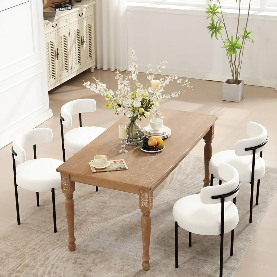 Dining Chairs Set of 4, White Boucle Dining Chair with Curved Backrest, Round Thicken Upholstered... | Amazon (US)