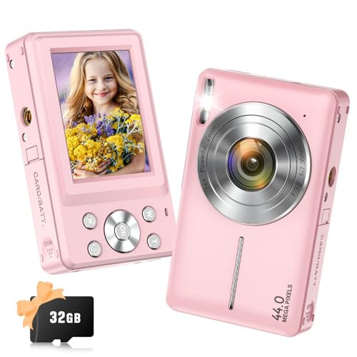 Digital Camera, 2024 Upgraded FHD 1080P Digital Camera for Kids with 16X Zoom, Flashlight, 32GB Card, 44MP Point and Shoot Camera Compact Small Selfie Camera for Girls, Boys, Teens, Students,Pink | Amazon (US)