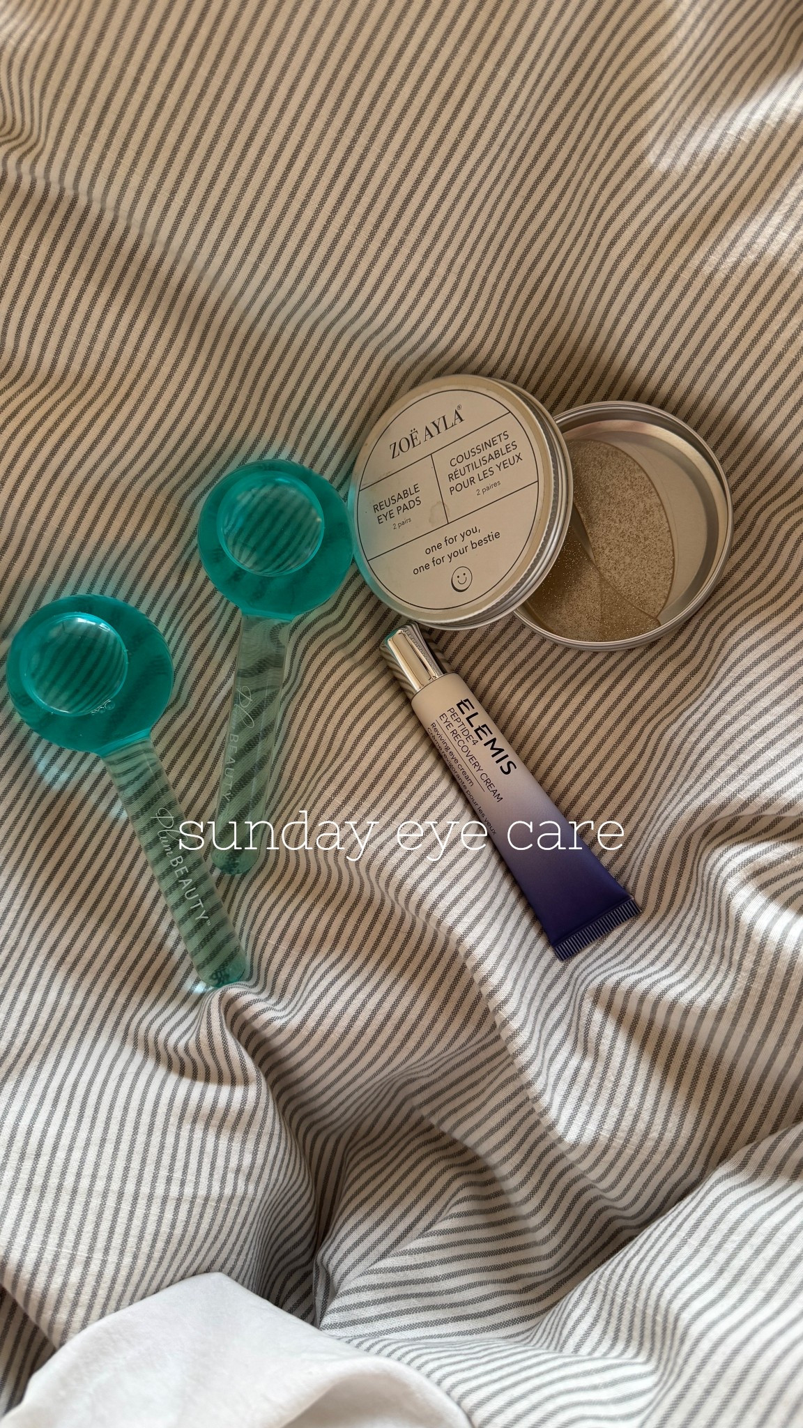 Refrigerated eye roller balls followed by Elemis peptide eye recovery cream under reusable eye patches = de-puffing ✨gold✨