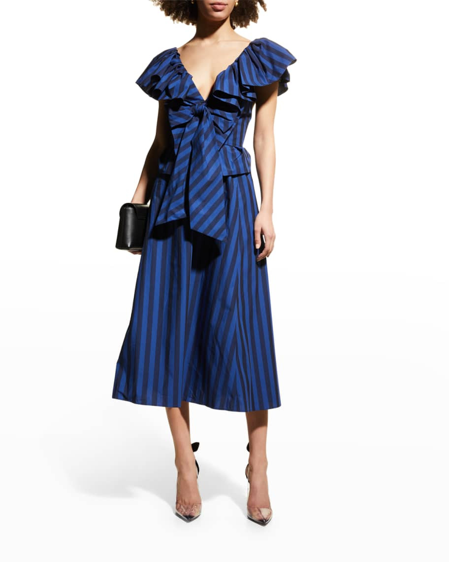 Carolina Herrera Striped Dramatic Wing-Ruffle Midi Dress - BCI Cotton | Neiman Marcus