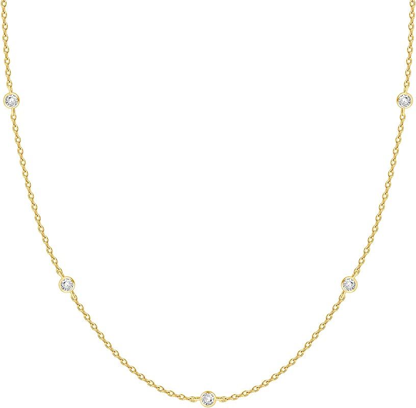 PAVOI 14K White Gold Plated Station Necklace | Simulated Diamond BTY Necklace | Womens CZ Chain Neck | Amazon (US)