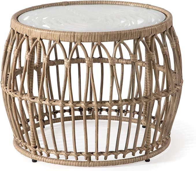 Muse & Lounge Co. Ysar Boho Rattan Round Coffee Table Outdoor with 5mm Tempered Glass Top, All-We... | Amazon (US)