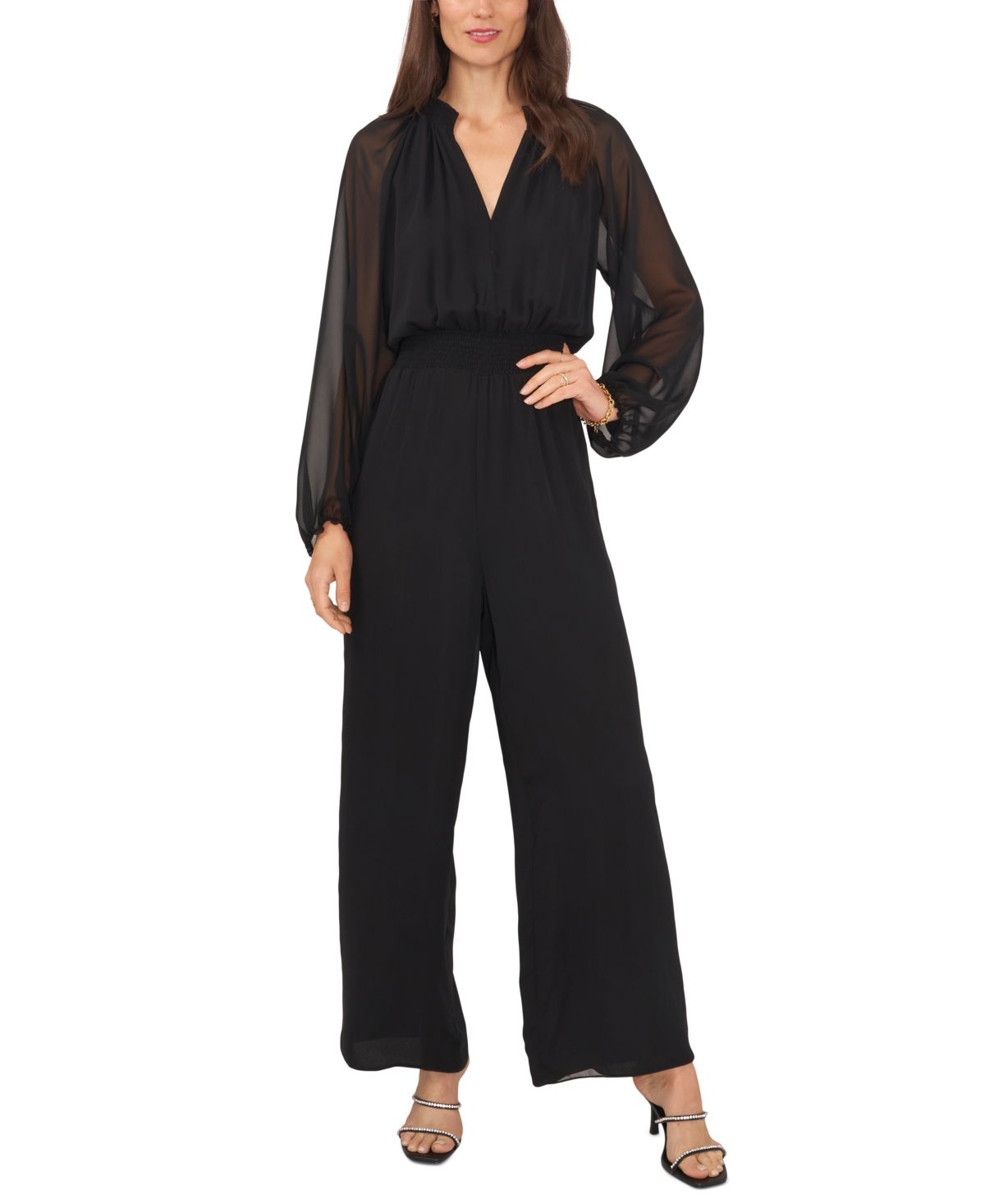 Vince Camuto Women's Split-Neck Sheer-Sleeve Jumpsuit | Macys (US)