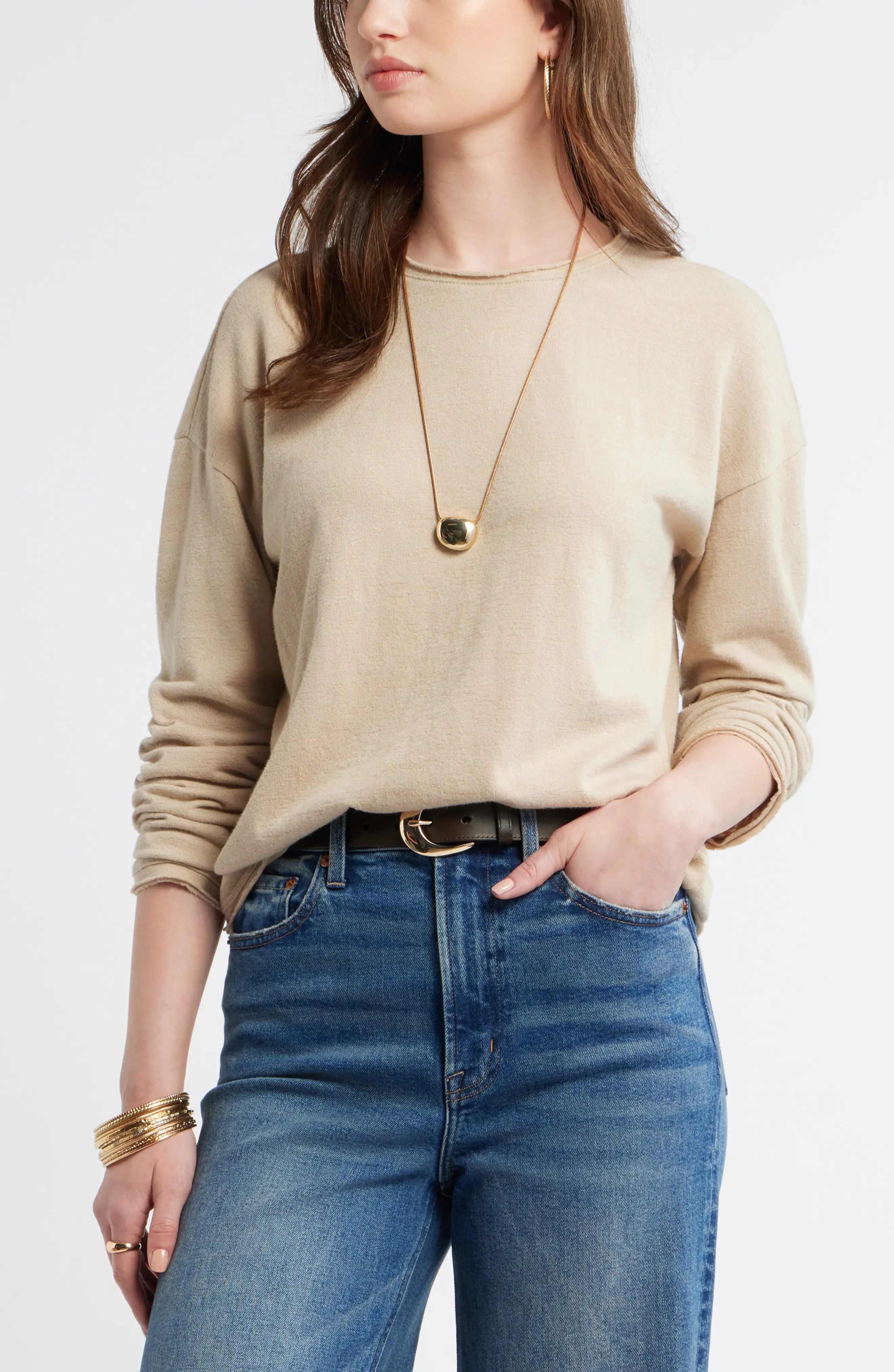 Roll Crewneck Boxy Long Sleeve Cotton Blend Top (Women) | Nordstrom | Nordstrom