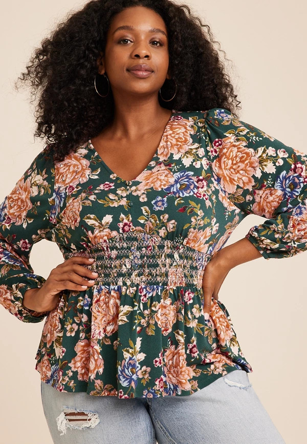 Plus Size Floral Smocked Peplum Blouse | Maurices