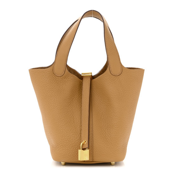 Taurillon Clemence Picotin Lock 18 PM Biscuit | FASHIONPHILE (US)