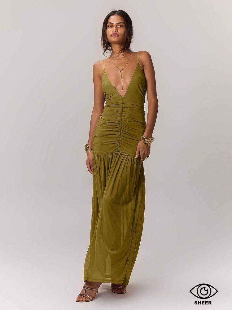 MUSERA Ruched Front Drop Hem Dress Vacation Spring Spring Summer Occasion Wedding Deep V Cute Sexy Elegant Vacation Beach Holiday Ibiza Night Out Wedding Guest Elegant Birthday Church Night Out Summer Outfit | SHEIN