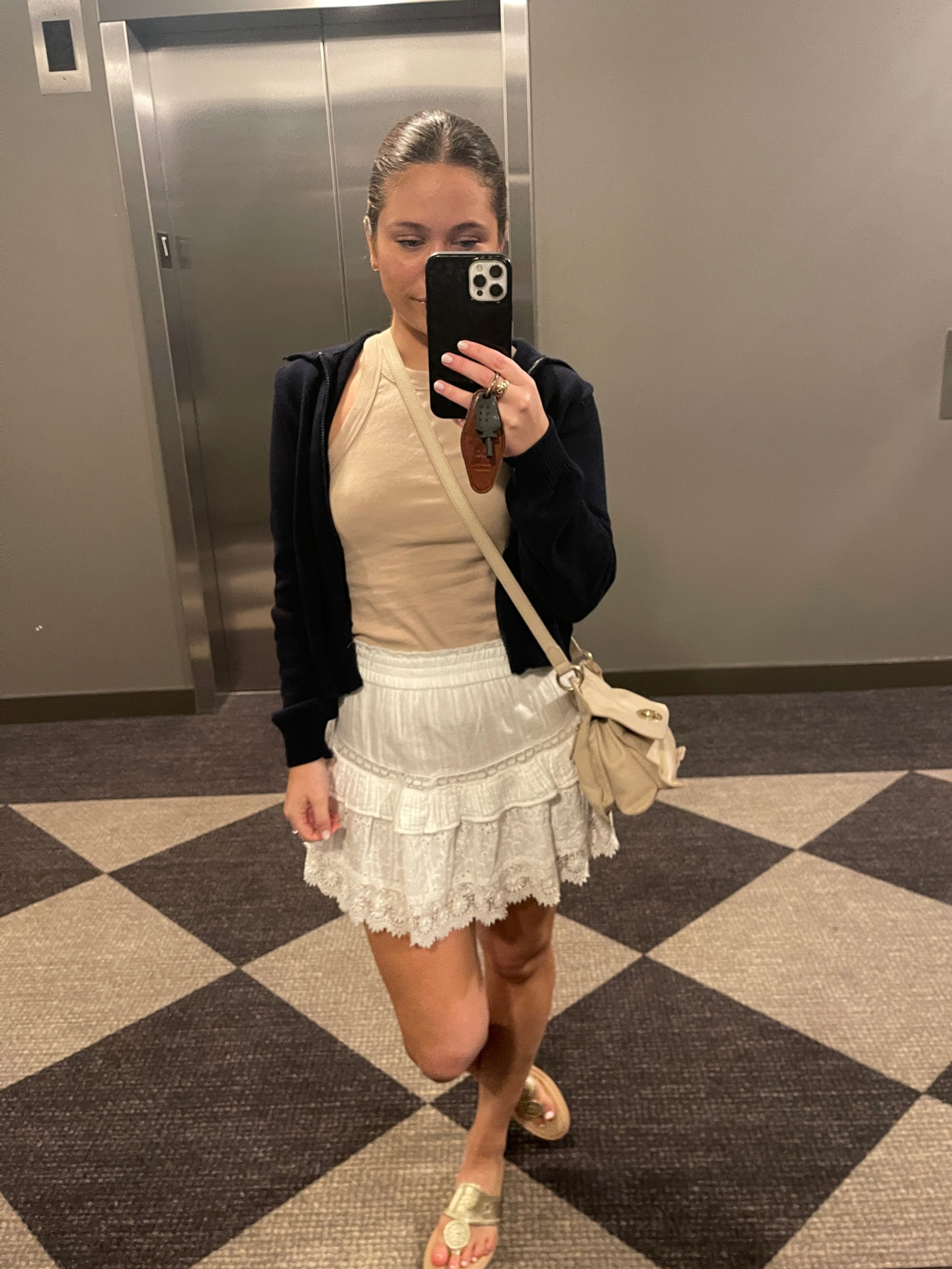 Perfect summer outfit & sandals. 

Tank: size small (xs also fits very similiar)
Skirt: sixe xs 
Sandals: TTS size 7 (for comparison, I’m a true size 37 in shoes) 6.5 - 7 in sandals and heels). 

Sweater is Brandy Melville, so couldn’t link. 