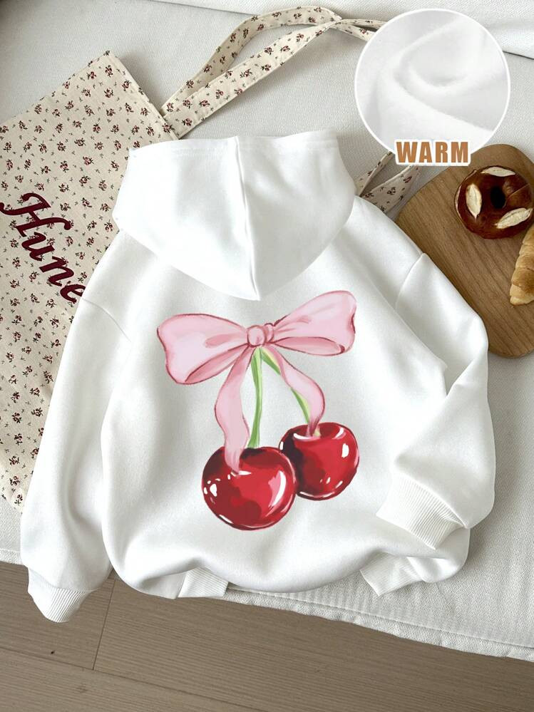 SHEIN Young Girls Casual & Cute Cherry Bow Pattern White Knit Thick Warm Hooded Sweatshirt, Comfo... | SHEIN