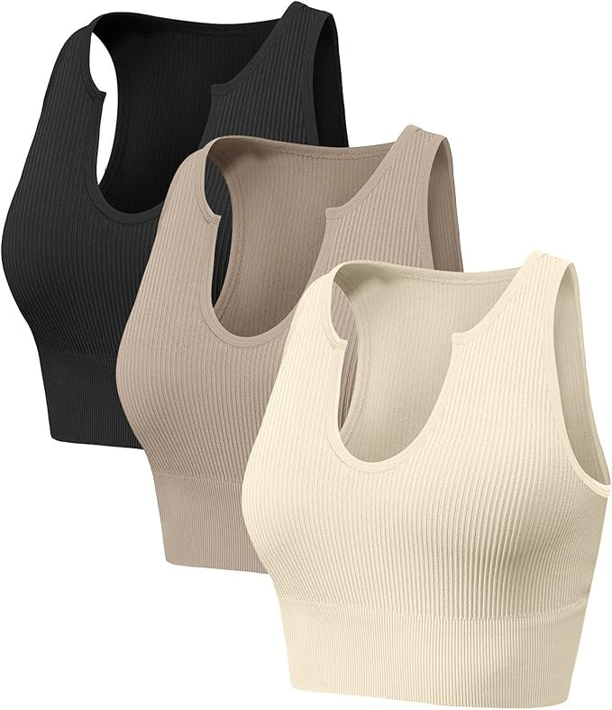 YOAKUKA Women's Tank 3 Piece Ribbed Sexy Seamless Tops Workout Shirts Sleeveless Yoga Crop Top | Amazon (US)