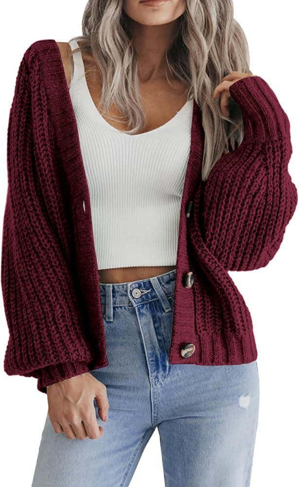 Zeagoo Women's 2024 Fall Chunky Knit Cardigans Open Front Long Sleeve V Neck Button Loose Cardiga... | Amazon (US)