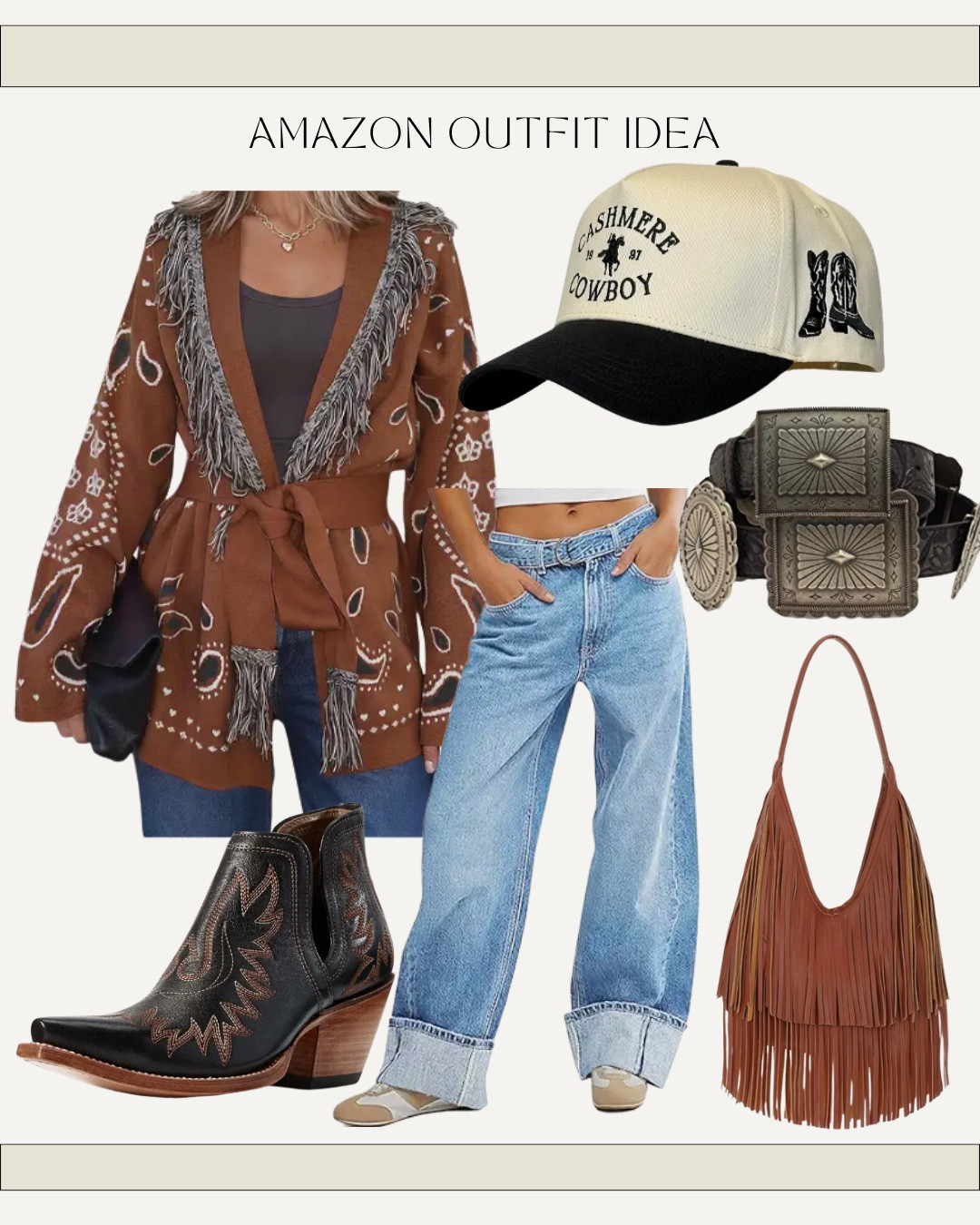 Fall western outfit idea from Amazon - fall and winter bandana print cardigan sweater , Ariat booties cowgirl boots , Ariat belt and fringe bag / purse and vintage  hat

#LTKgrwm #LTKootd