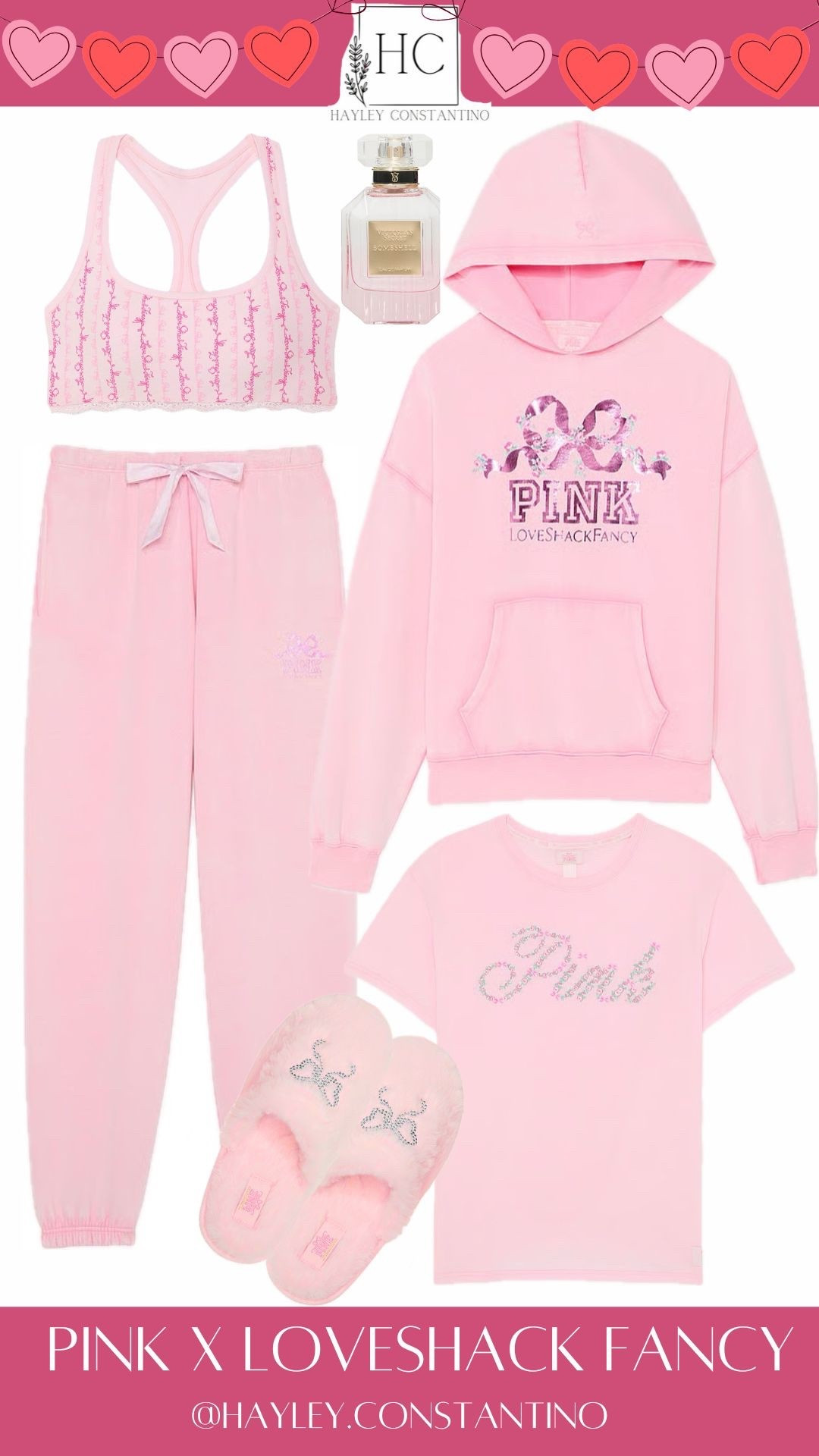 Think “sleepover princess meets cozy-day CEO.” 💕
This PINK x LoveShack Fancy collection is basically what happens when comfort gets dressed up for a meet-cute. Soft blush pink everything, sparkly feminine details, romantic bows, and that dreamy, girly-girl energy that makes you feel instantly cuter (even if you’re just lounging on the couch). The hoodie + joggers are peak cozy-queen vibes, the tee is your adorable “I woke up like this” flex, the cute bralette adds a flirty little secret under it all, and the fluffy bow slippers? Literal cloud-walking. Add a spritz of perfume and suddenly you’re the main character in your own rom-com.
✨ Why you’ll love it:
• buttery-soft comfort but make it pretty
• girly details, subtle sparkle, and sweet romantic aesthetic
• perfect balance of lounge + luxury + “I’m still adorable” energy
💗 Where & When to Wear:
• Self-care Saturdays – coffee, candles, comfy couch, repeat
• Girls’ night in – movies, takeout, and matching pink vibes
• Travel days / airport looks – comfy yet cute for photos
• School drop-offs, errands, Target runs – effortless but still put together
• Lazy weekend mornings – with messy bun and fluffy slippers, obviously
• Valentine’s season, cozy date nights, or anytime you want to feel sweet + spoiled
Basically… it’s the outfit that hugs you back and tells you you’re adorable. 💖
