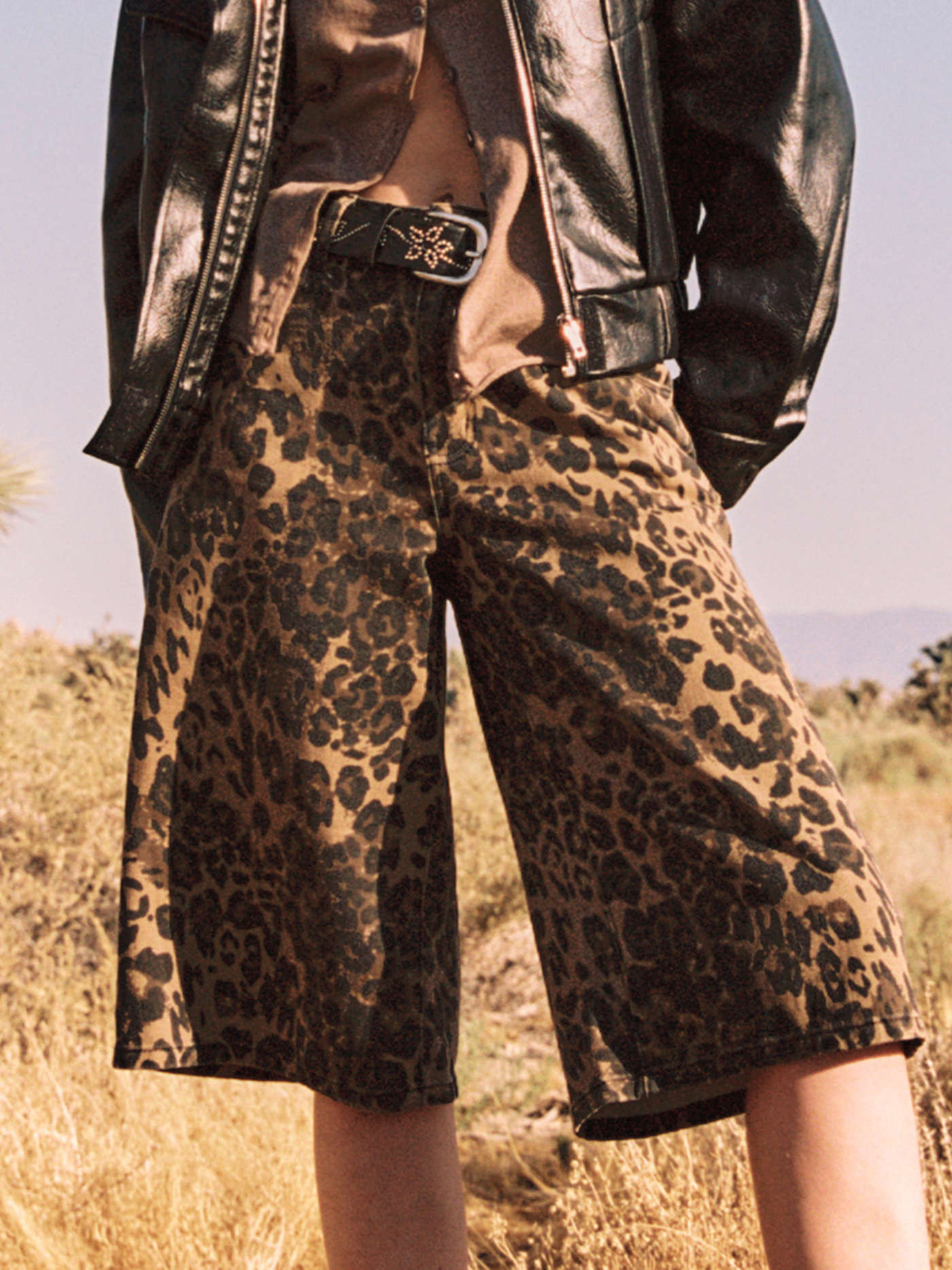 Denim Denim Low Rise Leopard Wide Leg Bermuda Shorts For Music Festival/Live House | Cider