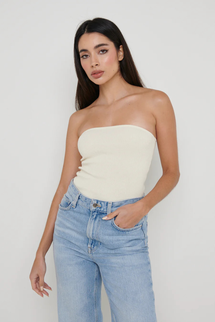 Reese Bandeau Knit Top - Cream | Pretty Lavish (UK)