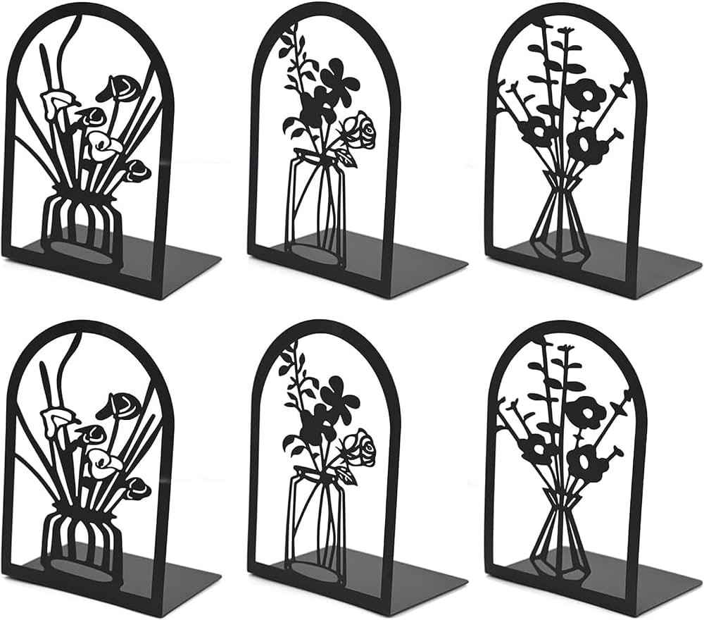 3 Pairs Book Ends for Shelves,Metal Bookends Decorative Flower Design Book,Non Skid Book Stopper ... | Amazon (US)