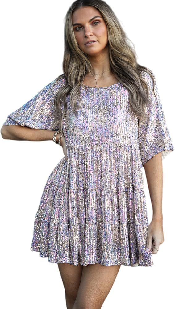 Amazing Lace Sequin Tiered Babydoll Concert and Party Mini Dress | Amazon (US)