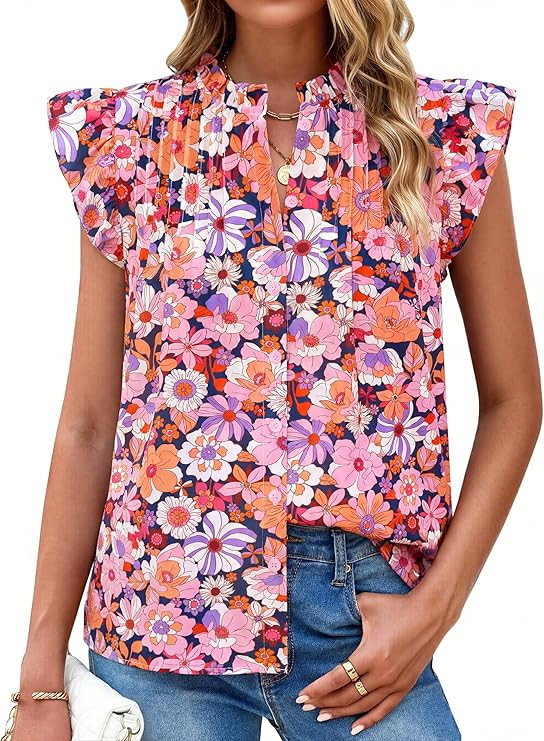 PRETTYGARDEN Floral Print Womens Blouses Dressy Casual Summer Clothes, Short Sleeve Ruffle Cute T... | Amazon (US)