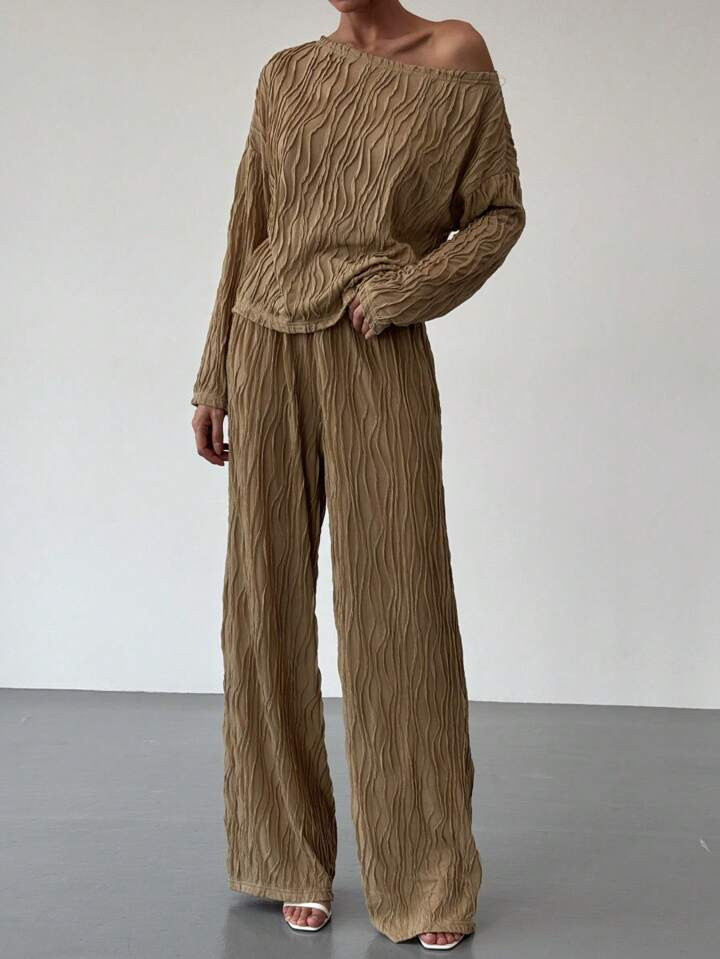 Aloruh 2pcs/Set Brown Asymmetrical Striped Casual Asymmetrical Top And Straight Pants Outfit, Autumn/Winter | SHEIN
