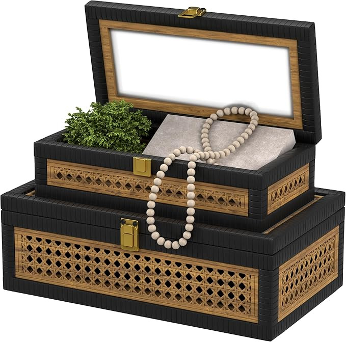 Rattan Decorative Box,Boho Display Boxes with Lids,Set of 2 Rectangular Wicker Storage Decoration... | Amazon (US)