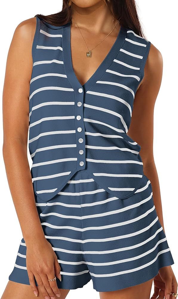 SuperPrity 2 Piece Sets for Women Summer Striped Lounge Sets Sleeveless Knit Matching Short Set T... | Amazon (US)