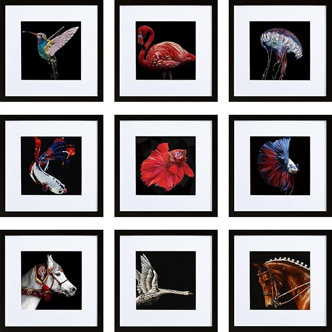 HEART ART 12x12 Black Picture Frame Set of 9, Display Pictures 8x8 with Mat or 12 x 12 without Ma... | Amazon (US)