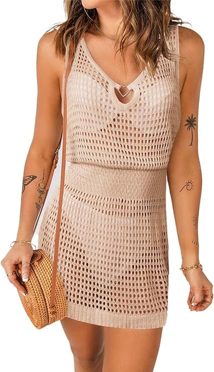 AI'MAGE Womens Beach Cover Up Dress Crochet Hollow Out Bathing Suit Crew Neck Sleeveless Sundress... | Amazon (US)