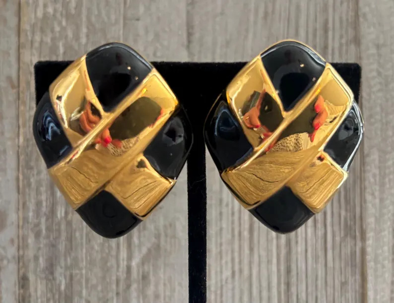 Beautiful St. John Vintage New Old Stock 1990's Black and Gold Modern Classic Statement Clip Earr... | Etsy (US)