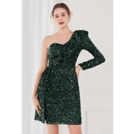 Ruffle One-Shoulder Colorful Sequin Cocktail Dress in Emerald | Chicwish