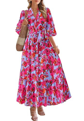 MASCOMODA Womens Floral Maxi Dresses Boho Summer Casual V Neck 3/4 Puff Sleeve Button Down Tie Wa... | Amazon (US)