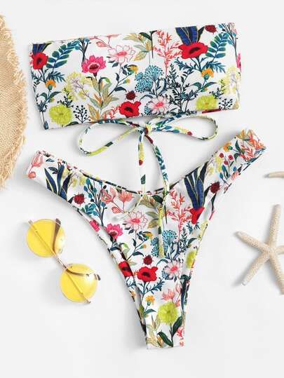 Random Floral Bandeau With High Leg Bikini Set | SHEIN