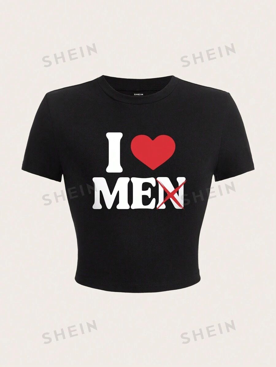 SHEIN EZwear Women's Casual Simple Love Heart & Slogan Design Short Sleeve Crew Neck T-Shirt, Sui... | SHEIN