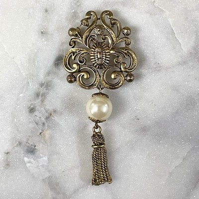 Vintage Gold Tone Filigree Faux Pearl Tassel Brooch | eBay US