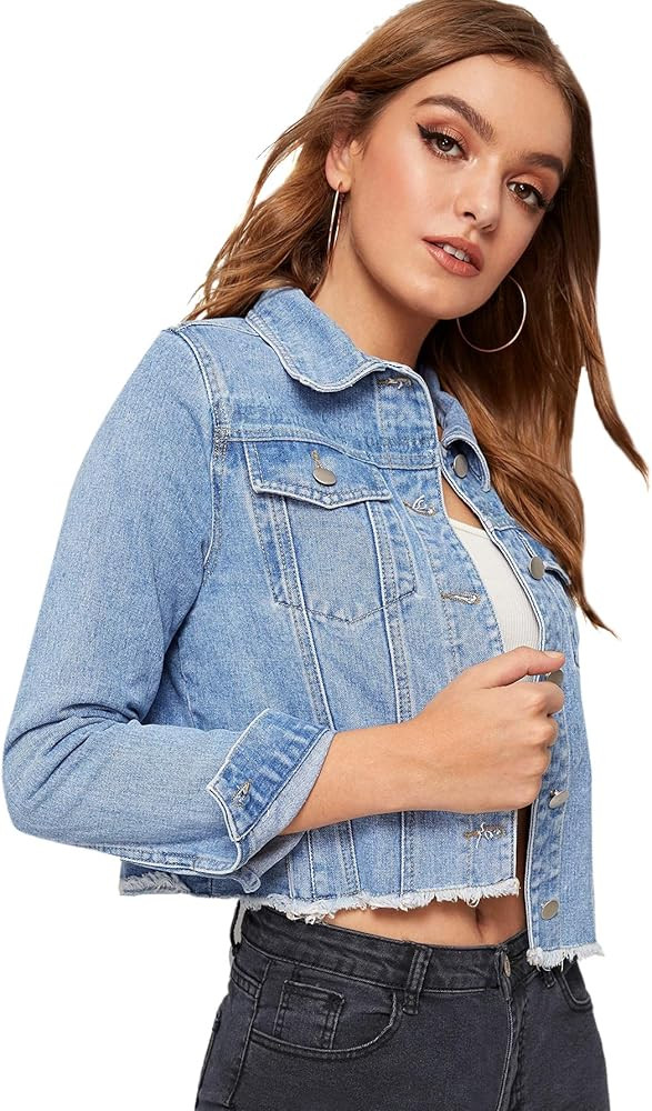 Romwe Women's Casual Long Sleeve Pockets Washed Distressed Denim Jean Jacket | Amazon (US)