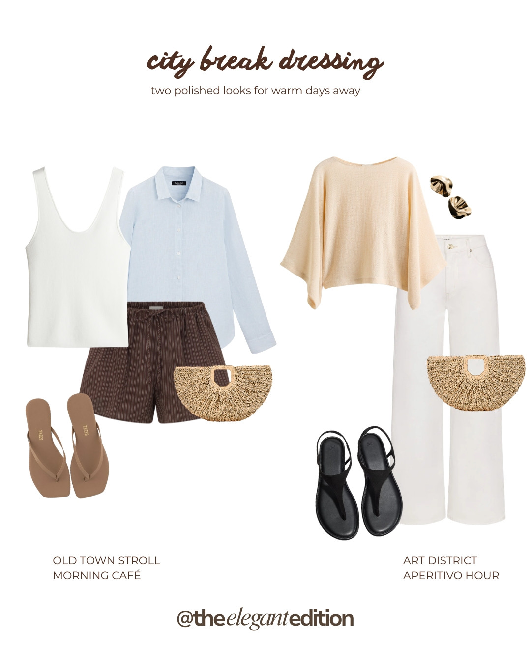 CITY BREAK DRESSING 🤍🤎 — Two polished looks for warm days away. Morning café: white tank, light blue linen shirt, brown pinstripe shorts, woven bag and nude flip flops. Aperitivo hour: cream knit top, white wide-leg jeans, woven bag and black sandals.
#LTKsummer #LTKeurope #LTKtravel #citybreak #summeroutfit #oldmoney #quietluxury 

 #LTKeurope #LTKtravel #LTKstyletip