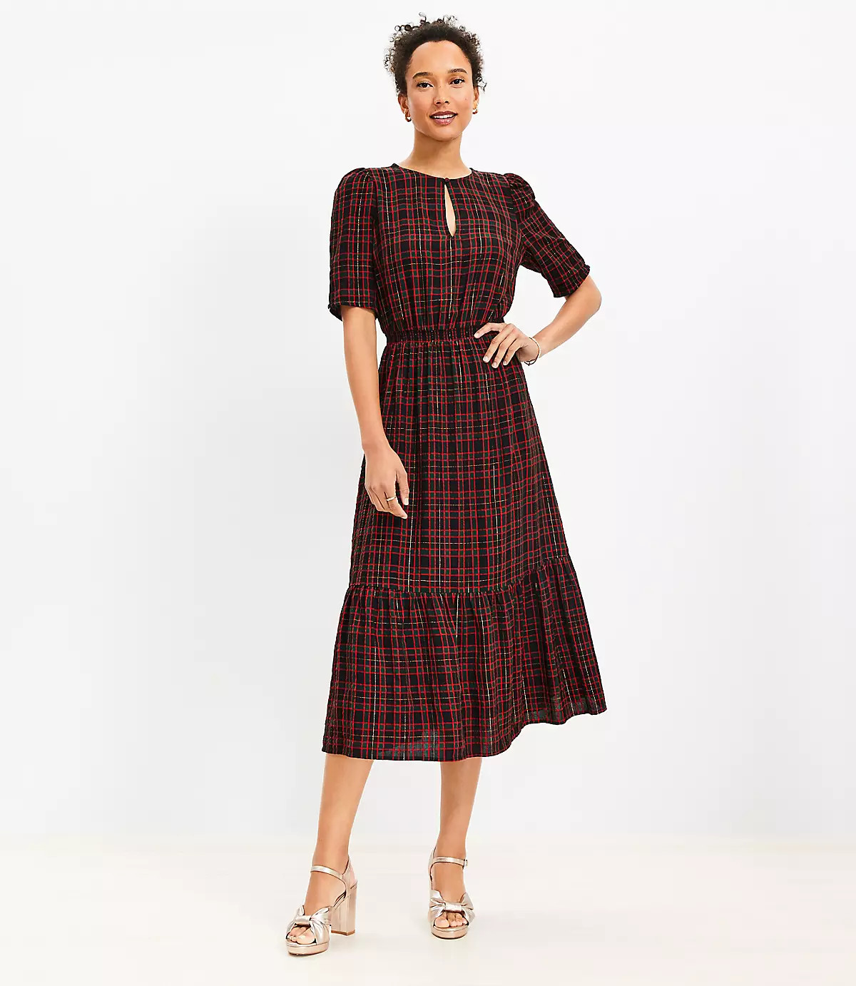 Shimmer Plaid Pleated Sleeve Flounce Midi Dress | LOFT