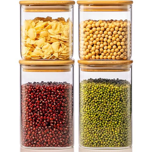 42oz & 27oz - 4 Pack Square Glass Jars with Bamboo Lids, Glass Food Storage Containers with Airtight Lids for Kitchen, Air Tight Pantry Storage Containers for Cereal, Pasta, Rice, Sugar, Coffee, Spice | Amazon (US)