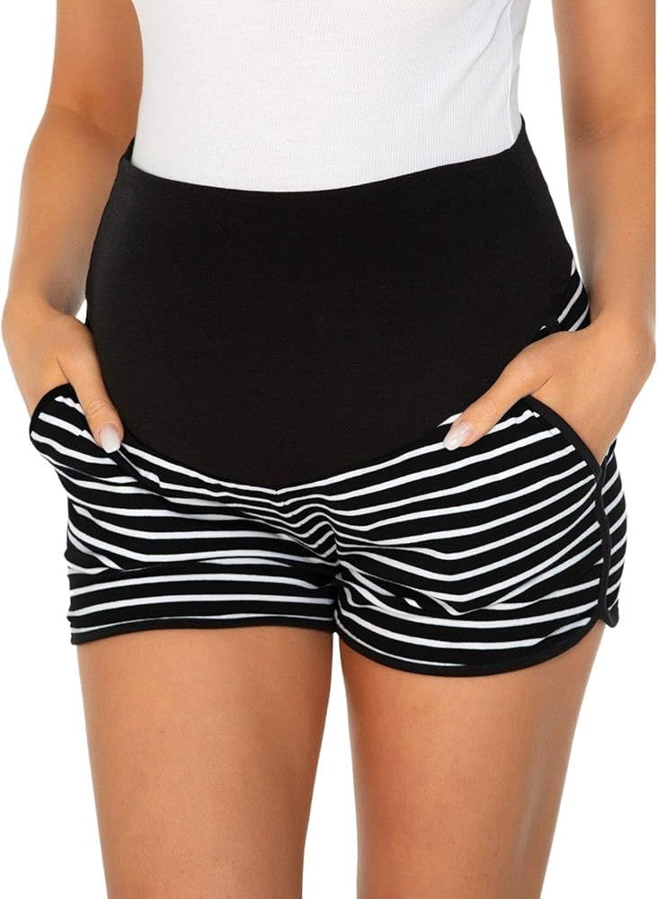 Love2Mi Women's Maternity Shorts Over Bump Casual Elastic Waist Stretchy Pregnancy Pants with Poc... | Amazon (US)