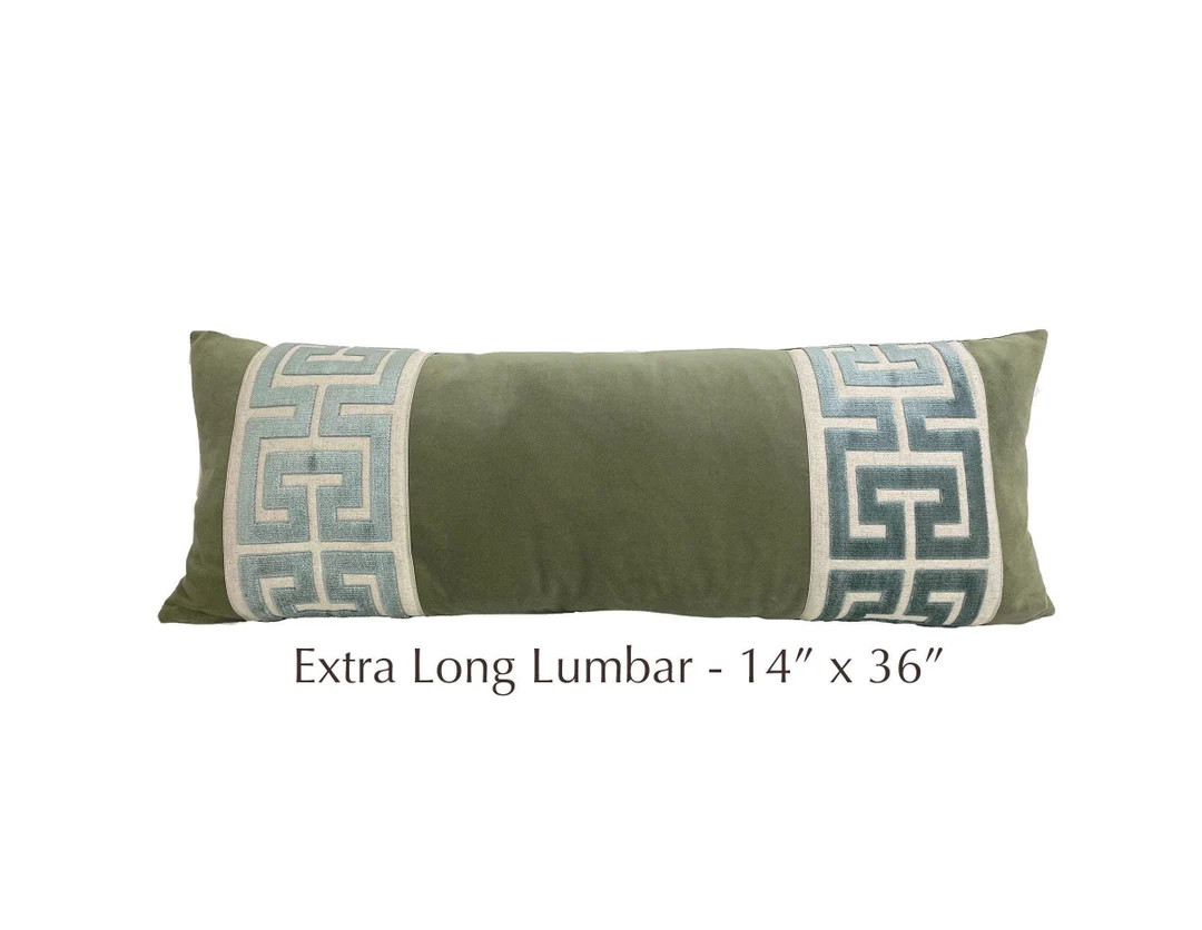 Extra Long Lumbar SELECT TRIM COLOR 14x36 Sage Velvet Pillow Cover With Large Greek Key - Etsy | Etsy (US)