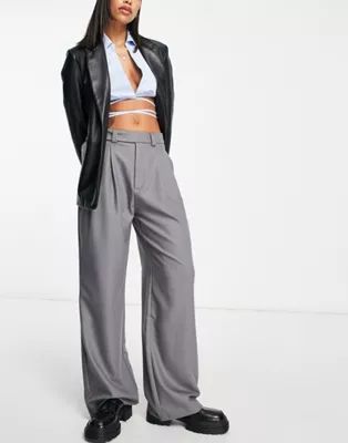 Stradivarius tailored dad pants with button detail in charcoal | ASOS (Global)