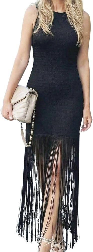 BAIMORE Sleeveless Backless Tassel Vintage Elegant Slim Fit Long Knit Dress | Amazon (US)
