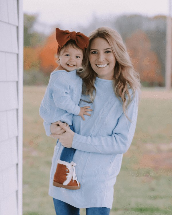 Elizabeth Mommy & Me Cable Knit Sweater - Snowflake Blue | Bailey's Blossoms