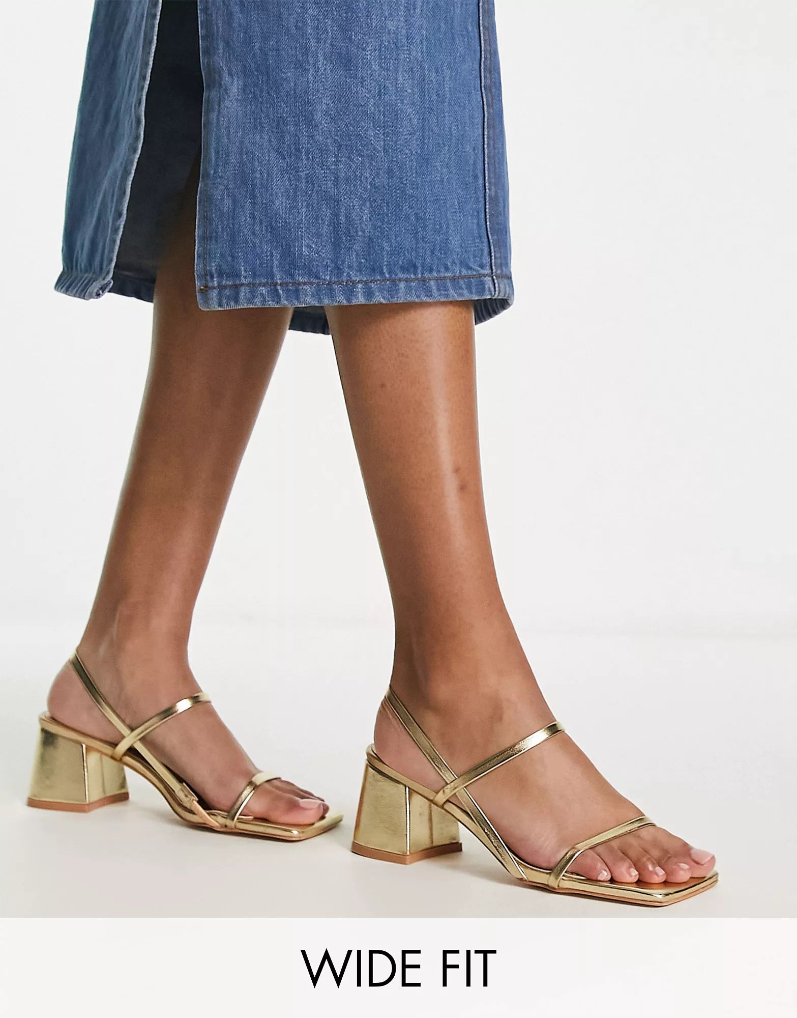 Public Desire Wide Fit Exclusive Just Realize strappy mid heel sandals in gold | ASOS (Global)