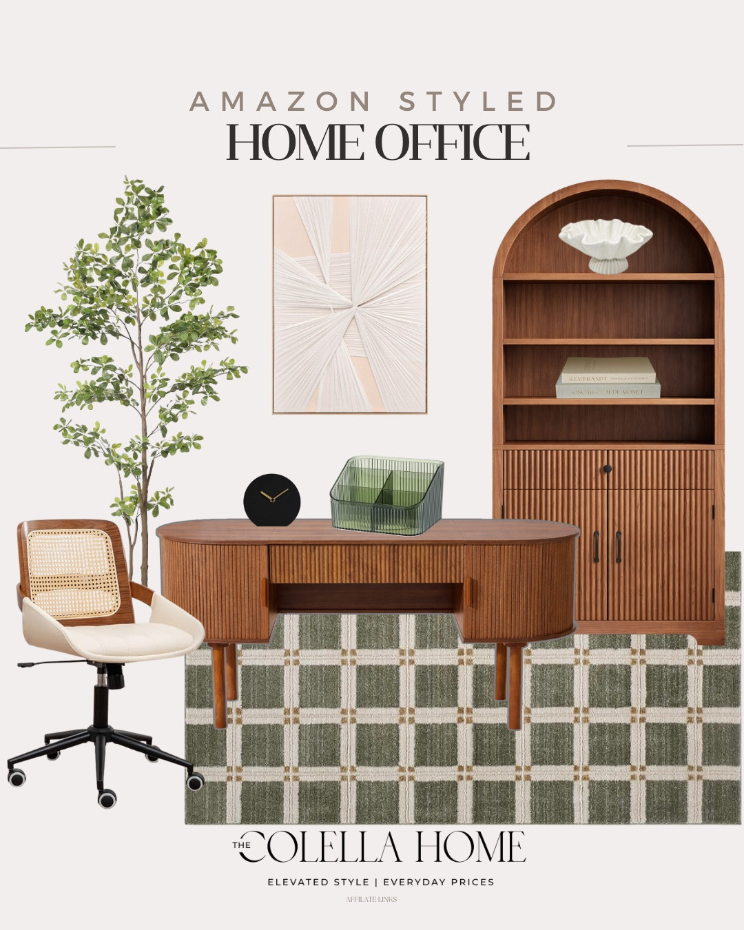 Amazon home office includes desk, office chair, area rug, bookshelf, wall art, faux tree, table clock, decorative bowl, coffee table books.

Home decor, home office, looks for less, styled home

#LTKSeasonal #LTKvlog #LTKHome