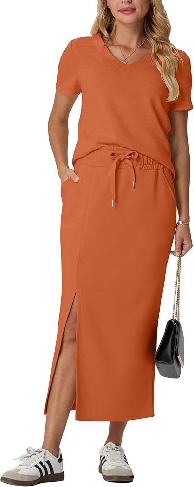 GRECERELLE Women Summer Casual 2 Piece Sets V-Neck Wrinkle-Free Top & Elastic Waist Midi Side Sli... | Amazon (US)