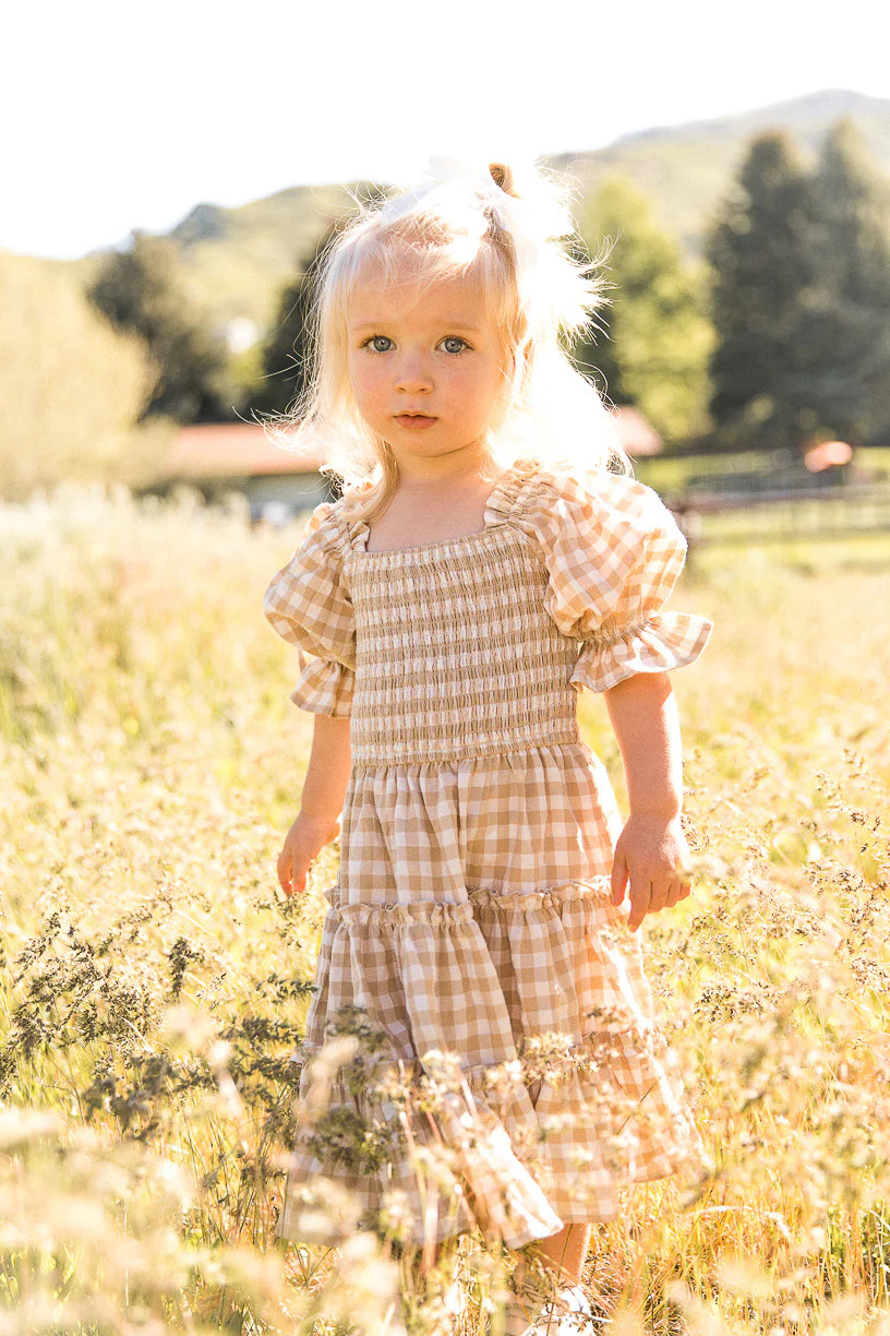 Mini Madeline Dress in Tan Gingham | Ivy City Co