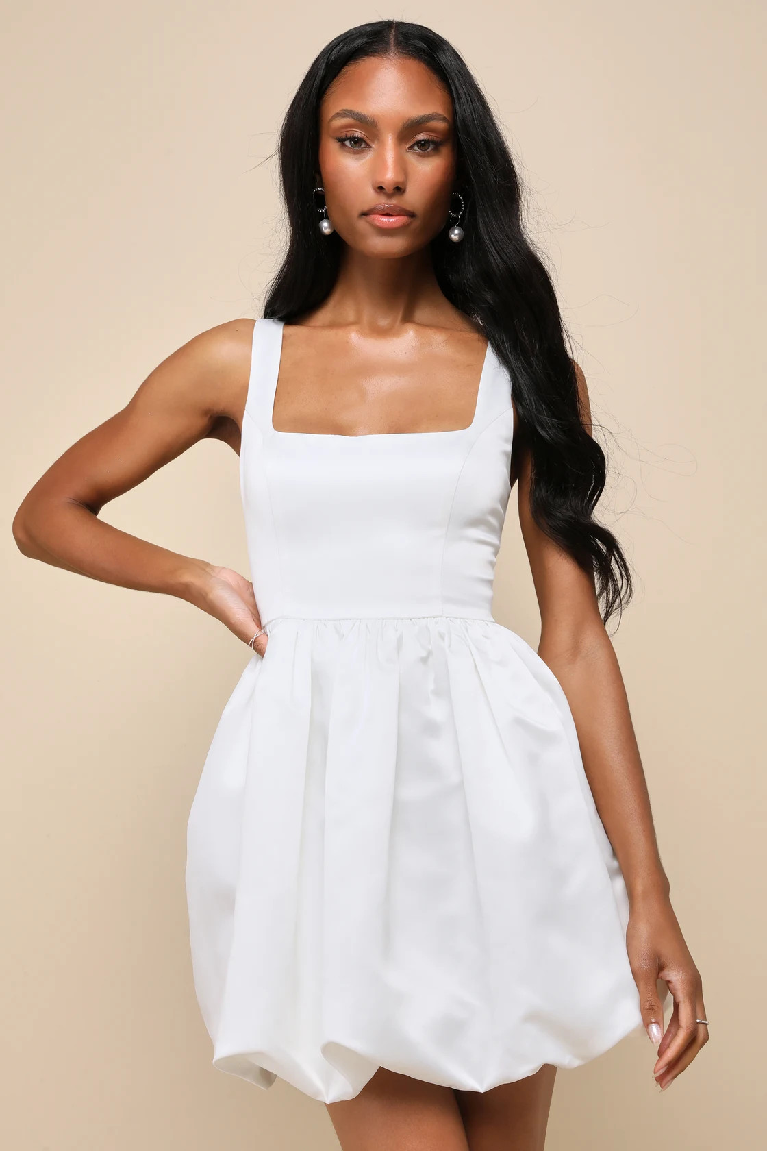 Regal Cutie White Satin Square Neck Bubble-Hem Mini Dress | Lulus