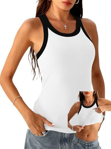 Danysu Racerback Tank Tops with Built in Bra for Women High Neck Ribbed Basics Fitted Long Bra Ta... | Amazon (US)